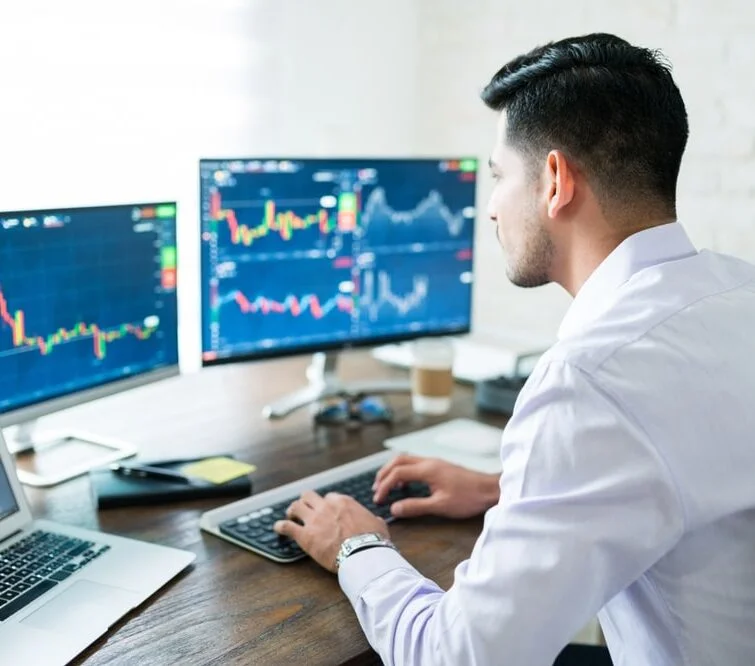 An individual analyzes charts on a computer